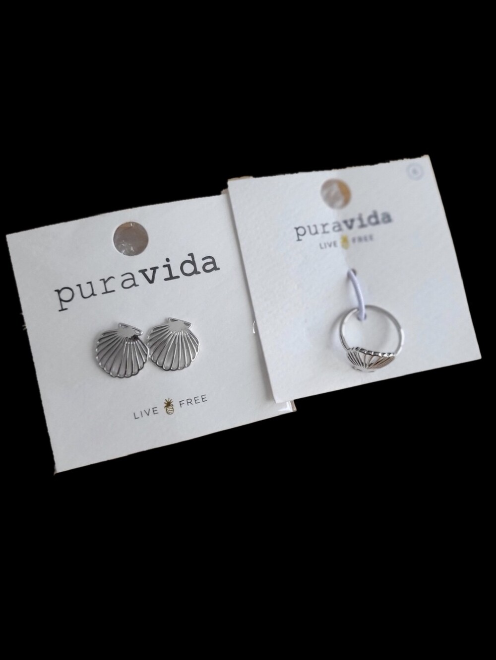 Pura Vida Collection Silver Seashell Earring & Ring Set Coastal Beach Boho Vibes
